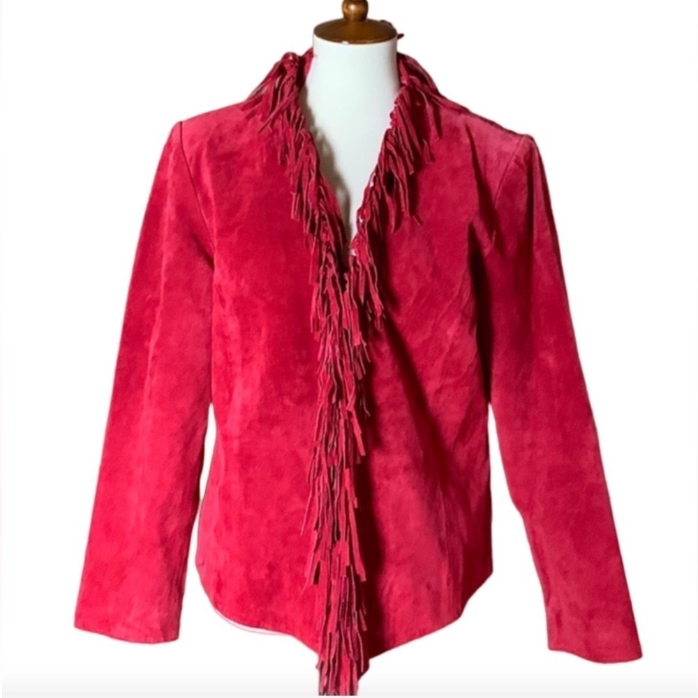 Dialogue red suede leather jacket with fringe detail Size Medium